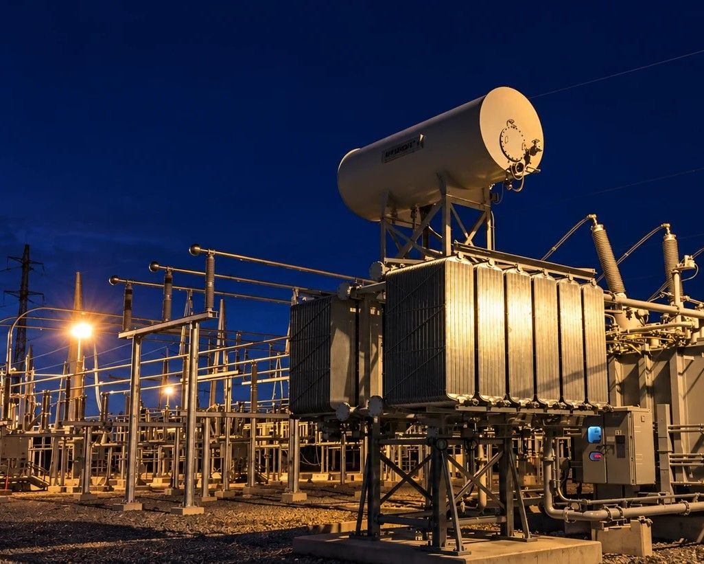 A power transformer and switchyard lit at night in an electrical substation