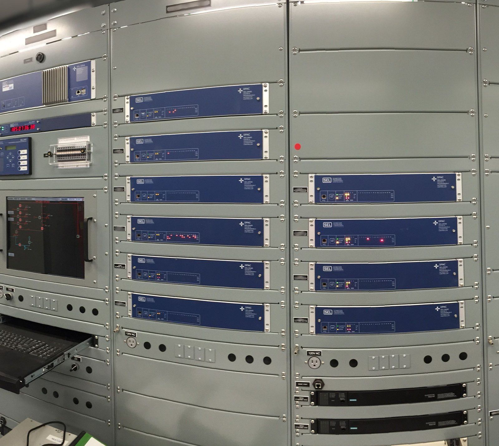 Rows of protection and control panels in a substation control room