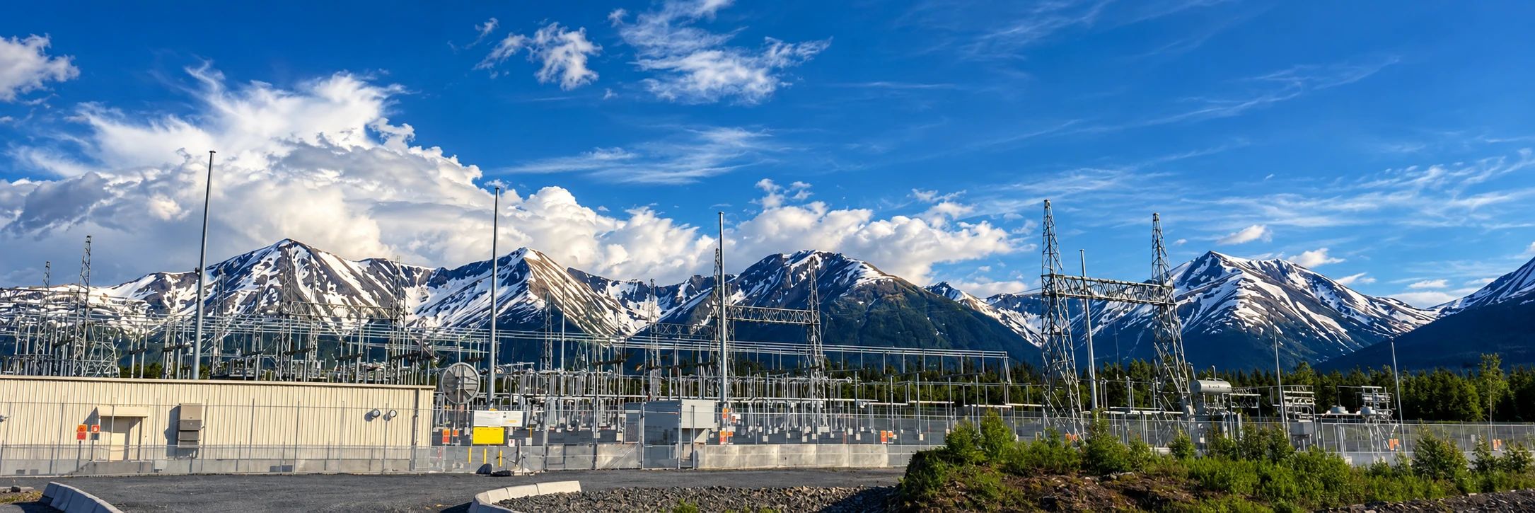 An electrical substation with transmission structures and mountains behind it