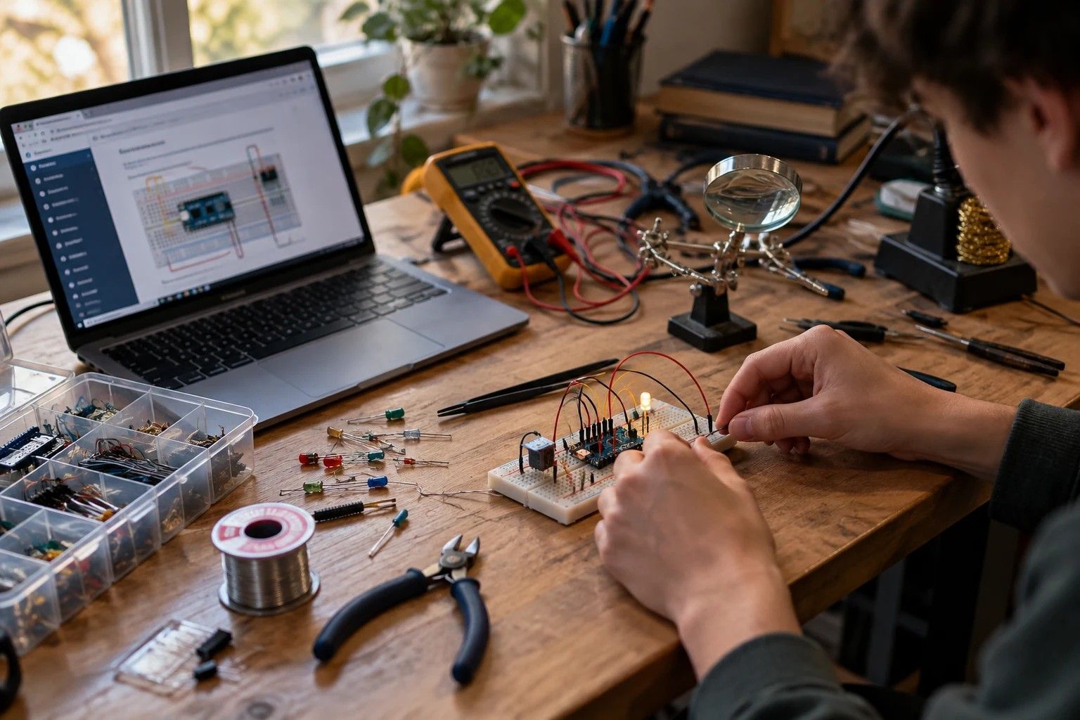 A student wiring a circuit on a home workbench, with a laptop, multimeter, and parts spread out
